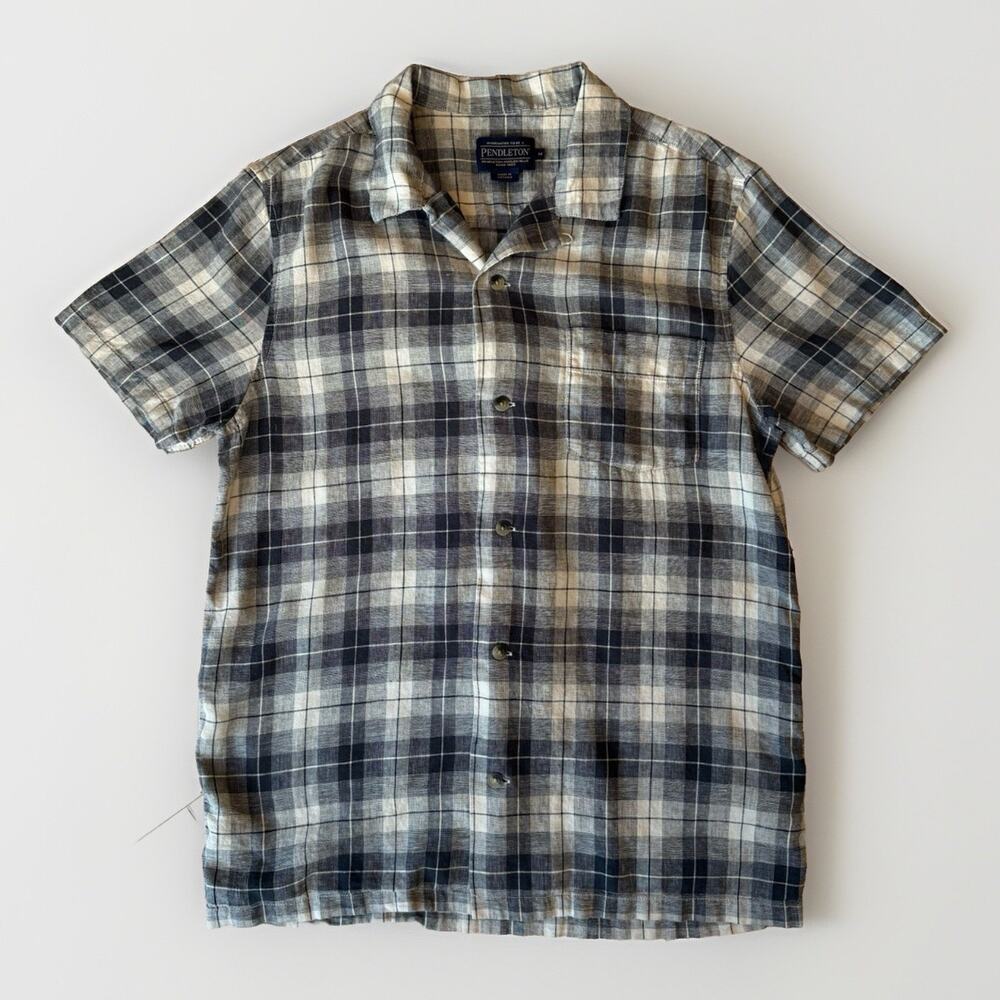 Pendleton Loop Collar Shirt Medium Multicolor Linen Rayon Short Sleeve Button Up